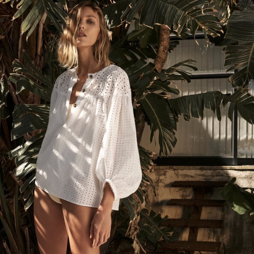 Zara openwork poplin top blouse, white